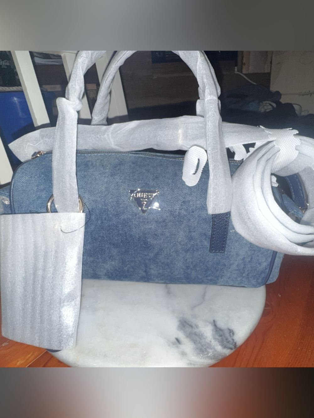 NWT GUESS Kassie Small Box Satchel Bag Denim Y2K - Picture 3 of 7